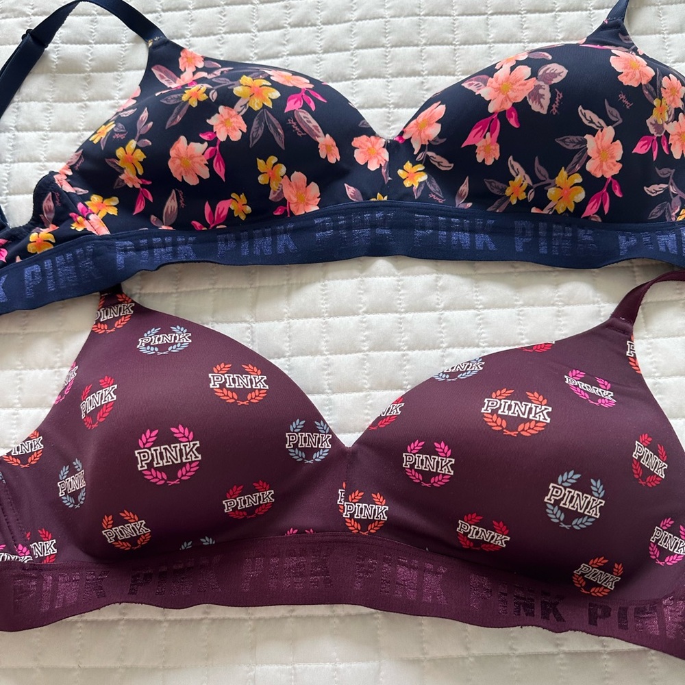 PINK Victoria's Secret Floral and Logo Bralette Duo - Dark Blue and Maroon